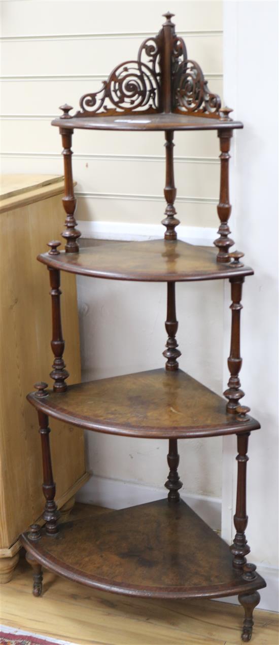 A Victorian 4 tier walnut corner whatnot width 62cm